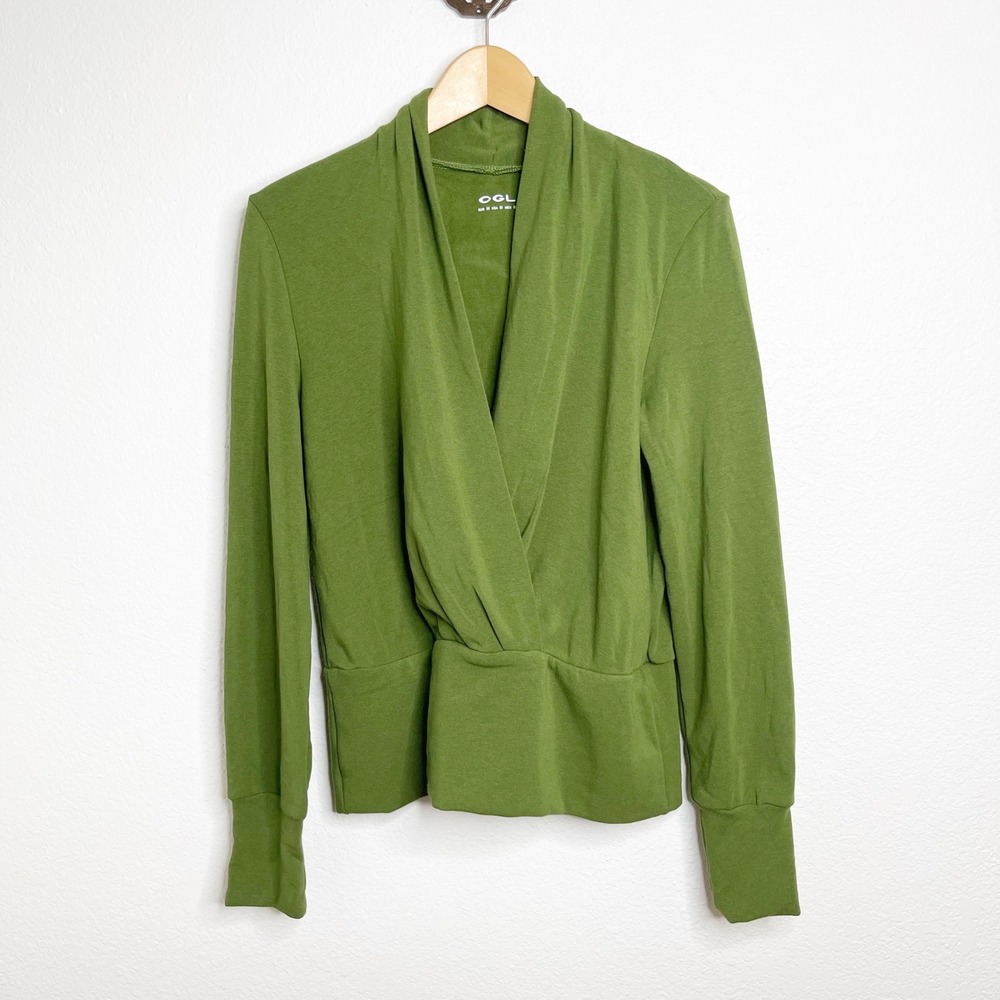 OGL Womens Olive Green Surplice Wrap Long Sleeve Draped Top Size Medium NEW